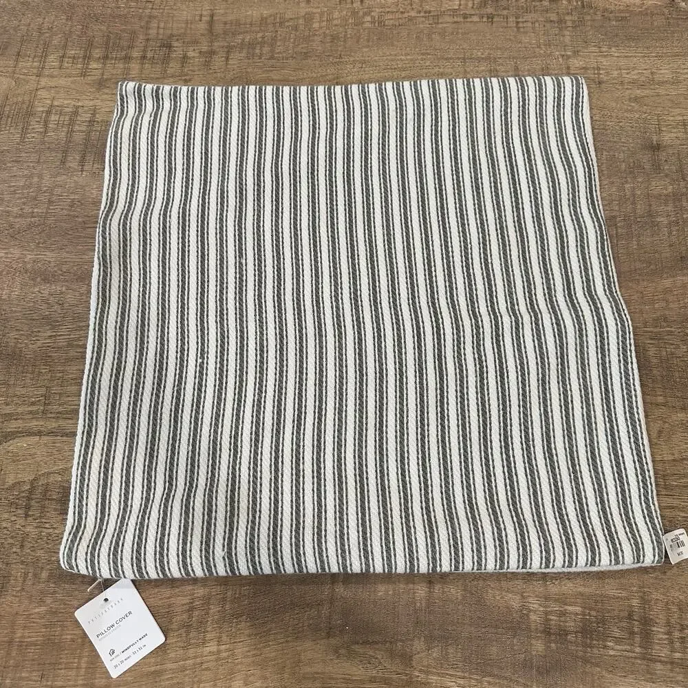 Pottery Barn Linen Throw Pillow Cover Square White Gray Striped Nautical 20 x 20